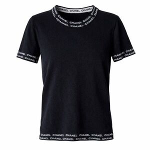 CHANEL 100% Cashmere Logo Intarsia Short Sleeve Sweater